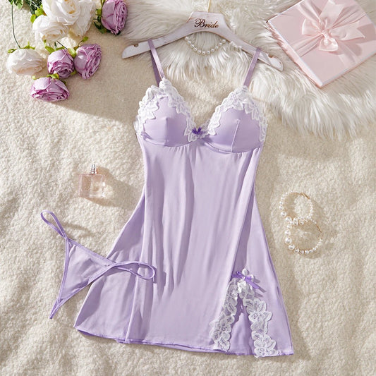 🔥 DreamLace™ - Camisón Babydoll Púrpura con Encaje y Lazo Seductor - Sensualease